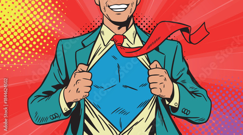 Vector illustration in pop art retro style depicting a superhero businessman tearing his shirt