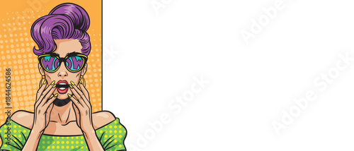 Beautiful woman shocked in pop art style wow glasses near empty banner on colored background