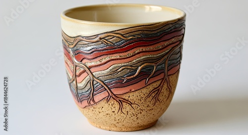 Elegant handcrafted ceramic cup with intricate landscape and root design pattern