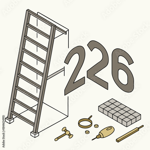 Isometric illustration of a ladder and tools with the numbers 226 displayed, representing construction or repair concepts