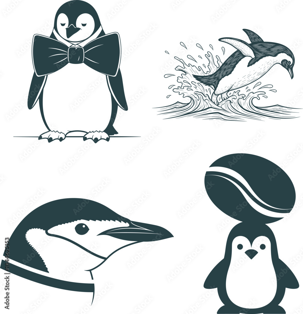 Fototapeta premium cute penguin cartoon set bow tie surfing and logo head t shirt design