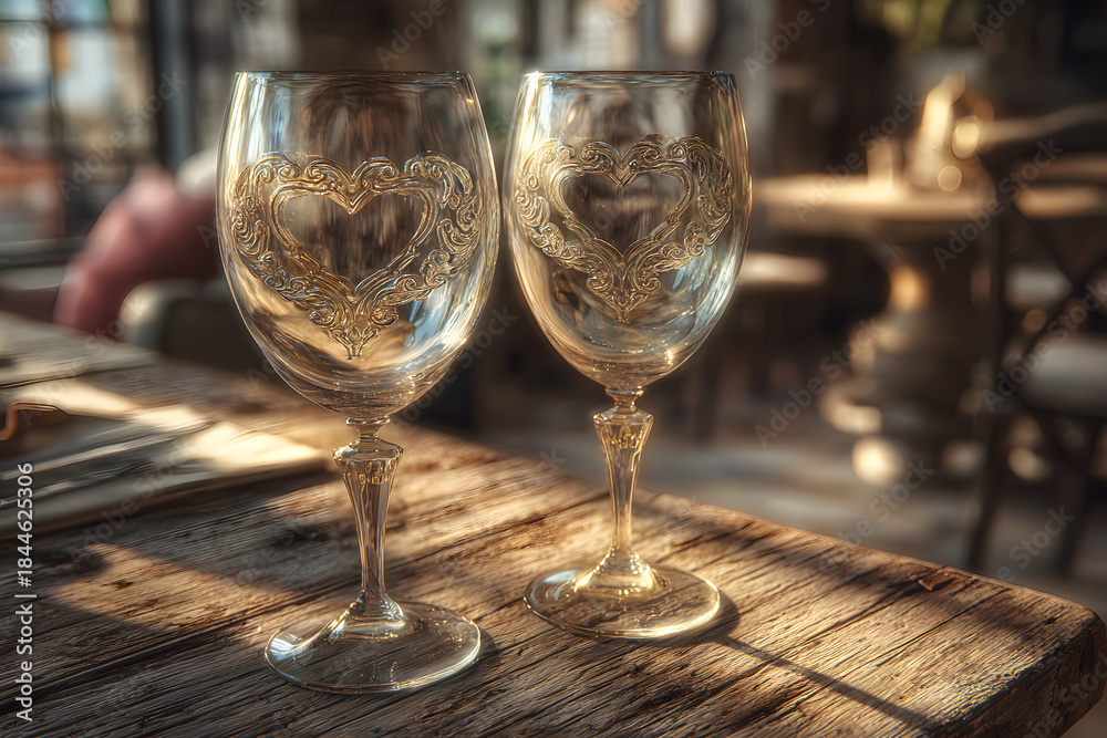 Obraz premium Two elegant wine glasses adorned with heart designs sit on a romantic table, inviting love and celebration on Valentineâs Day.