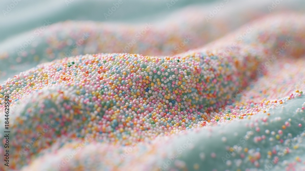 Obraz premium Close-up of a pile of colorful sprinkles. the sprinkles are in various shades of pink, orange, yellow, green, and blue, creating a rainbow-like effect.