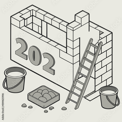 Isometric illustration of a partially constructed wall with large number 202, construction materials like buckets, sand, and stones, and a ladder leaning against it