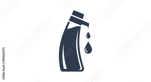 Dark blue bottle with liquid pouring featuring two dripping drops