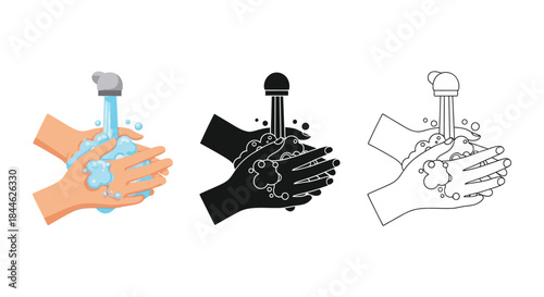 Illustrations of hands under a water faucet washing with soap