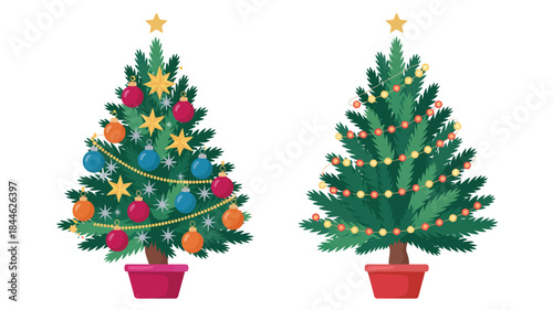  decorated christmas trees with ornaments, lights and star topper, festive holiday pine tree illustrations isolated on white background for winter celebration and seasonal design