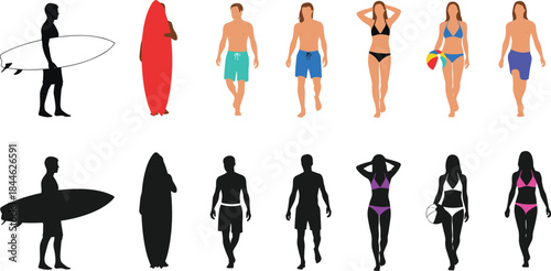 Beach People Set Silhouettes Vector Illustration Men Women Swimwear Surfers Walking Summer Vacation Graphics Isolated Background