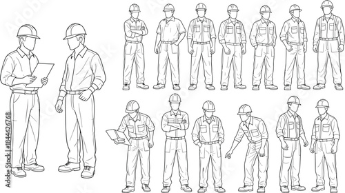 Construction workers line art character set, wearing safety helmets in various poses isolated outline vector illustration industrial workforce design collection