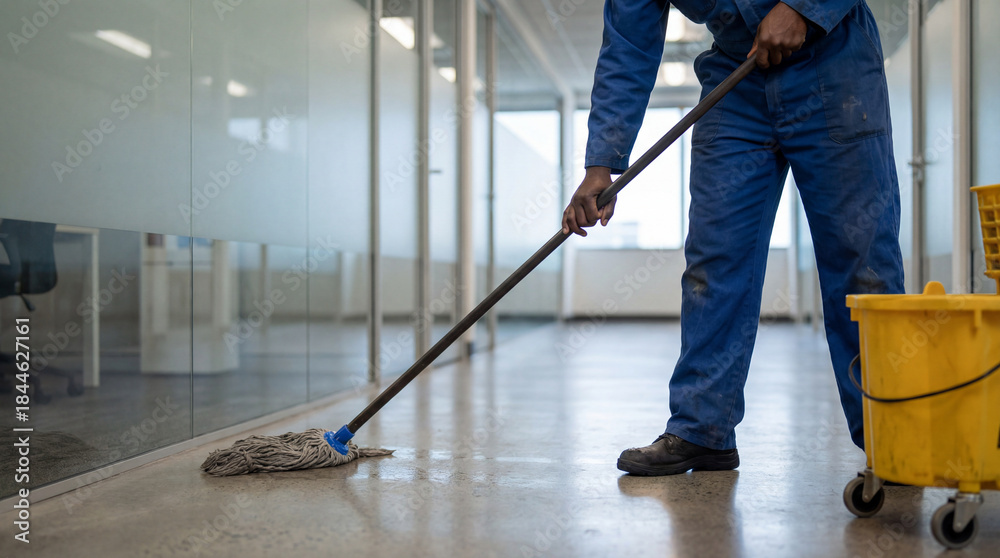 Fototapeta premium Janitor in blue uniform mopping polished office hallway floor beside yellow cleaning bucket and glass partition walls