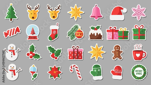 Flat vector set of 28 festive Christmas icons including trees, reindeer, gifts, and snowmen. Unique "Yuletidez" collection. Perfect for holiday designs, web graphics, apps, or print materials.