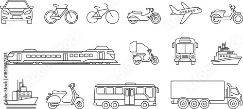Transportation outline icons set featuring car bicycle train bus airplane ship truck scooter isolated line vector illustration travel concept