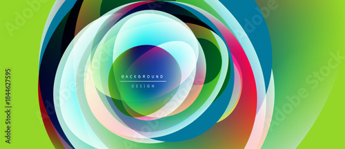 Abstract colorful circles overlap. Vibrant green background creates dynamic visual effect. Modern design element for projects.