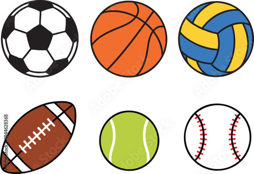 sports ball icon set with soccer basketball volleyball tennis baseball and football arranged in grid