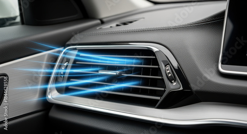 Modern car air conditioning vent with cool airflow stream in luxury vehicle interior climate control system closeup detail