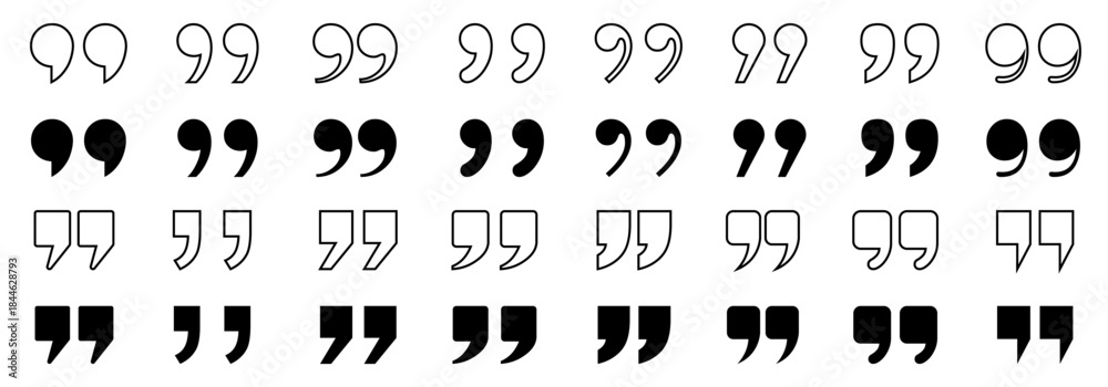Fototapeta premium Quotation marks icon buttons set, inverted commas or talking marks, quote speech marks in solid and outline style