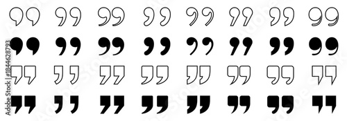 Quotation marks icon buttons set, inverted commas or talking marks, quote speech marks in solid and outline style