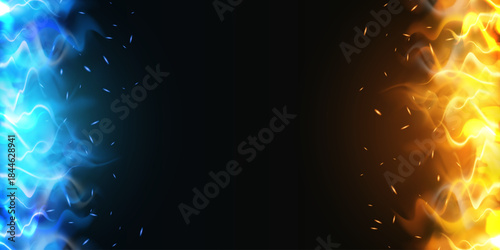 Blue against orange fire flame frame, vector fiery black background with tongues of flames and fire, burning border