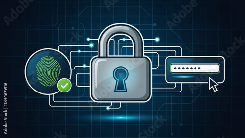 Digital security concept with padlock, fingerprint, and login interface on a dark blue background with glowing blue lines and grid pattern