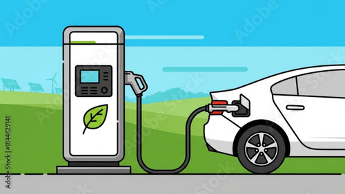 An electric car being charged at a modern electric vehicle charging station with a green leaf on a sunny day