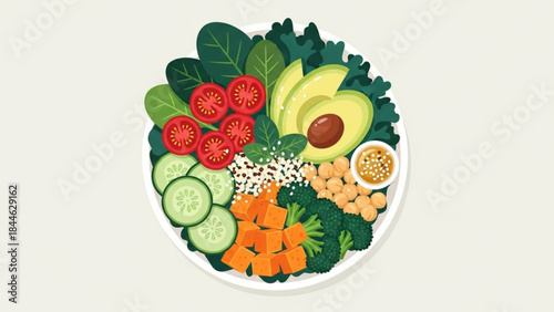 A vibrant and healthy illustration of a plate filled with a variety of colorful vegetables and fruits
