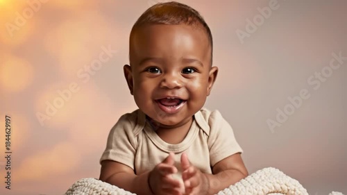 Happy laughing baby clapping hands with joy, adorable infant playing and having fun on a cozy blanket