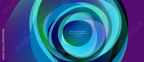 Abstract concentric circles, vibrant blues, greens, purples. Modern design element, dynamic flow, central text reads background design.