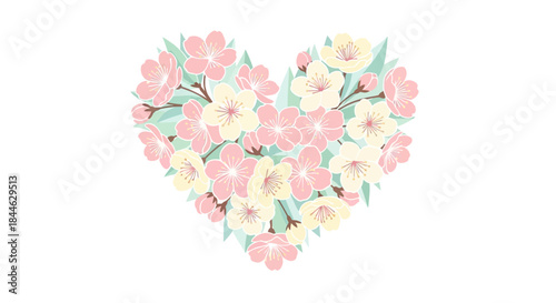 Charming Vector Art Heart Shape Composed of Soft Pink and Cream Springtime Blossoms, Evoking Gentle Love, Romance, and Nature's Beauty