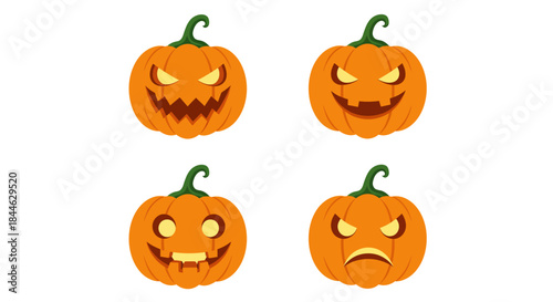 A vibrant collection of orange carved pumpkins showcasing a range of expressive and spooky faces, perfect for adding a festive and eerie touch to any Halloween celebration or design project