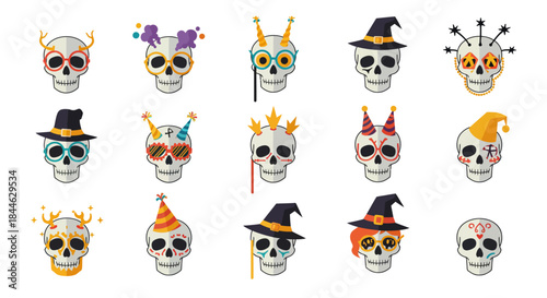 Collection of festive and spooky skulls decorated with party hats, masks, and glasses, perfect for Halloween celebrations
