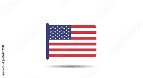 American flag waving on a flagpole with a soft shadow, isolated on a white background