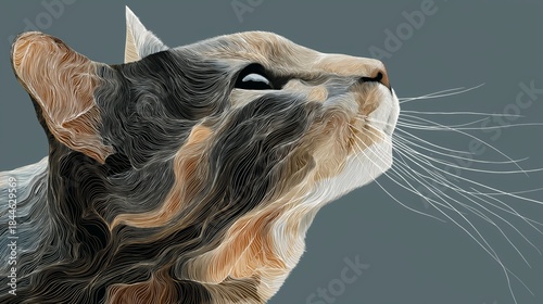 Highly stylized, abstract illustration of a cat's head in profile, created with curving, flowing lines resembling contours and brushstrokes in various earth tones.