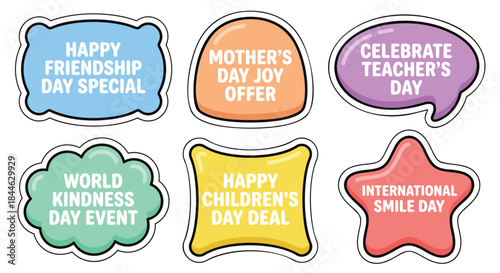 Colorful stickers for various celebrations on white background