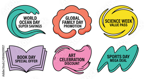 Colorful promotional stickers for various celebrations and events on white background