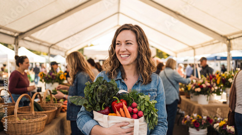 Smiling young woman holding fresh organic vegetables in reusable bag while shopping at outdoor farmers market under white canopy tents