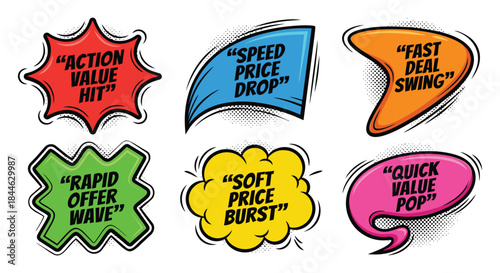 Collection of colorful comic speech bubbles with promotional phrases