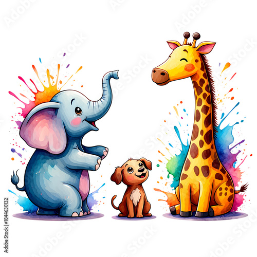 Vibrant Elephant Puppy Giraffe Art on transparent background