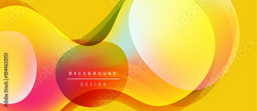 Abstract yellow background. Overlapping fluid shapes create dynamic visual effect. Gradient colors blend smoothly, offering modern design.