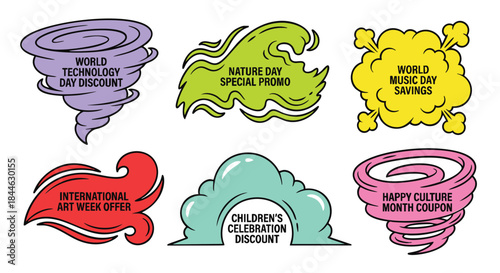 Colorful discount labels for various holidays and events isolated on white background