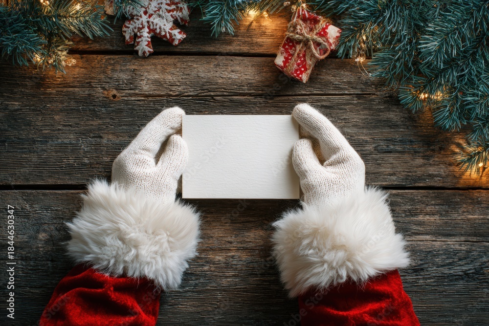 Obraz premium Santa Claus Hands Holding Blank Card on Festive Wooden Table