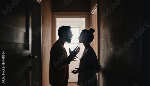 Generated image. Couple arguing in a dimly lit hallway during evening hours while shadows create a tense atmosphere