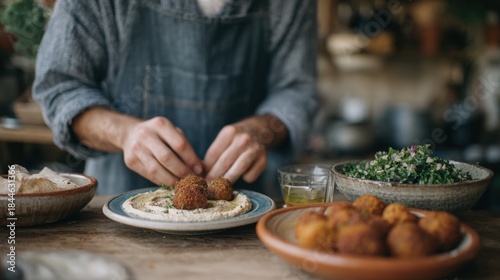 Person's hands holding a plate of falafel, which is a type of middle eastern dish. the person is wearing a blue apron and is standing in front of a wooden table with other dishes on it.