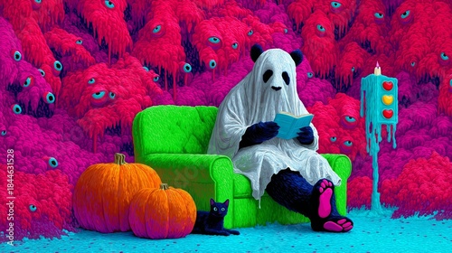Surreal, whimsical illustration of a panda in a white sheet ghost costume reading a book on a neon green armchair, surrounded by pink, staring, monstrous shapes.