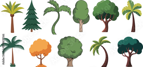 Set of trees, cartoon tree collection, , green trees vector illustration, Tropical trees vector illustration set, cartoon tree plant collection.