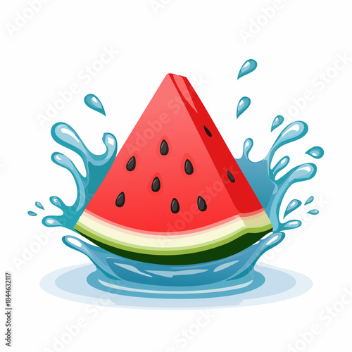 Soczysty kawałek arbuza wpadający do wody, letnie orzeźwienie na białym tle.