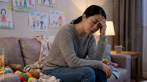 Tired mother sitting on cluttered living room sofa surrounded by children's drawings and toys, feeling overwhelmed and emotionally drained