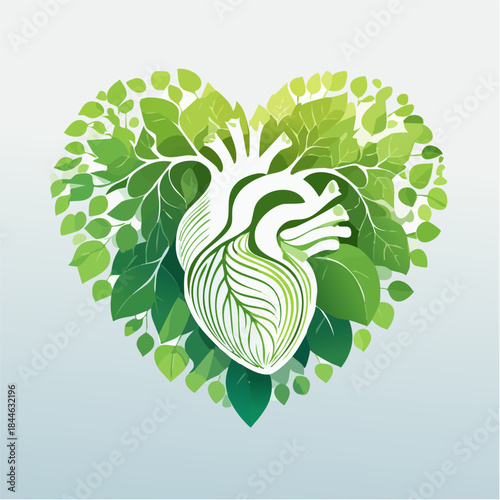 Zielone serce z anatomicznym sercem z liści, symbol ekologii i zdrowego stylu życia.