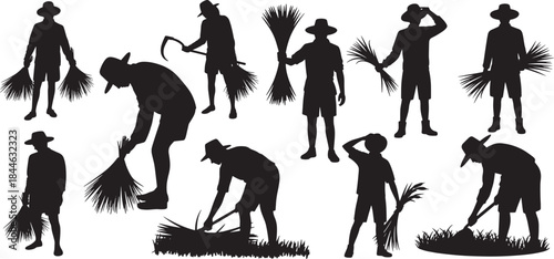 Farmers Silhouette Vector Set. Working in Fields with Traditional Tools, Black Vector Illustration Set for Agriculture, Rural Life, and Farming Concepts