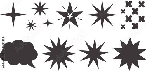Monochrome collection of abstract starburst and explosion shapes with speech bubble