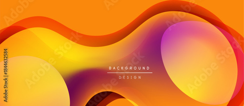 Abstract fluid shapes, warm colors blend. Orange, yellow, pink gradients create dynamic background design. Smooth curves suggest movement.